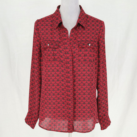 WHBM Top Womens 8 Red Black Scallop Blouse Semi Sheer Front Pockets Buttons - Picture 1 of 16